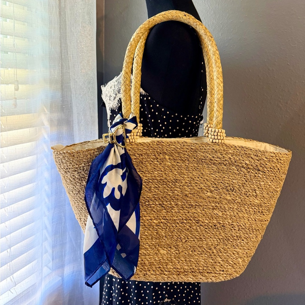 SOLD Raffia Straw Tote with Scarf & Gold Hair Clip